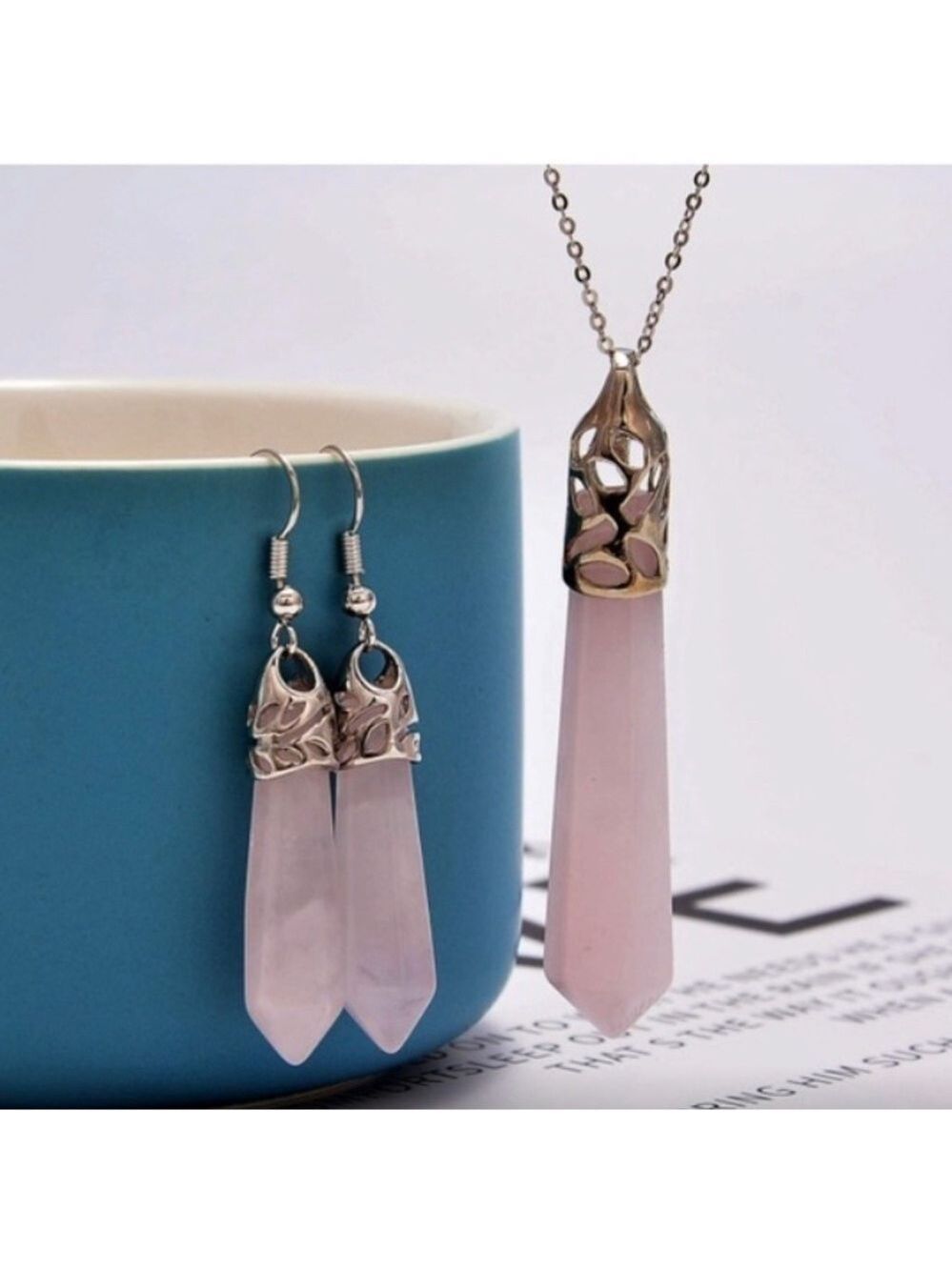 Natural Rose Quartz 925 Sterling Silver Earrings and necklace set